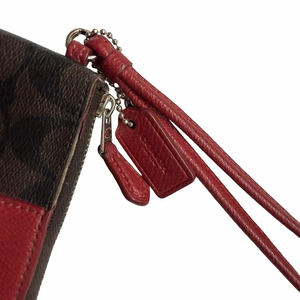 Coach Large Corner Zip Canvas Leather‎ Monogram Wristlet Brown Red Wallet F54629